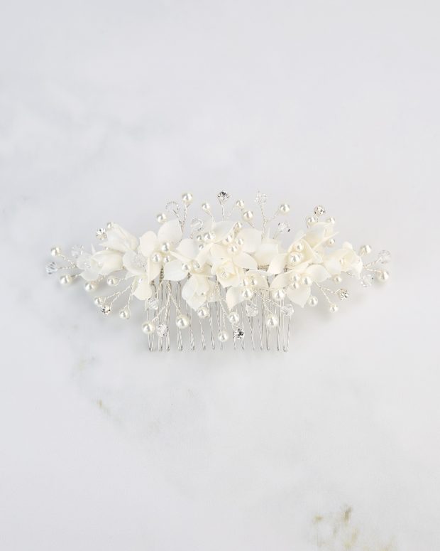 Satin Flower Crystal & Pearl Large Comb